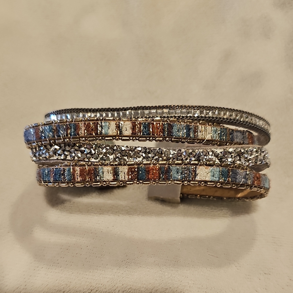 Silver and Multicolor Stone Leather Strap Magnetic Closure Bracelet